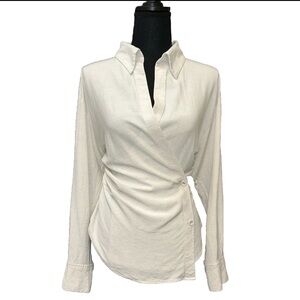 & OTHER STORIES Button Overlap Long Sleeve Wrap Shirt Fitted Beige V-Neck Sz 6